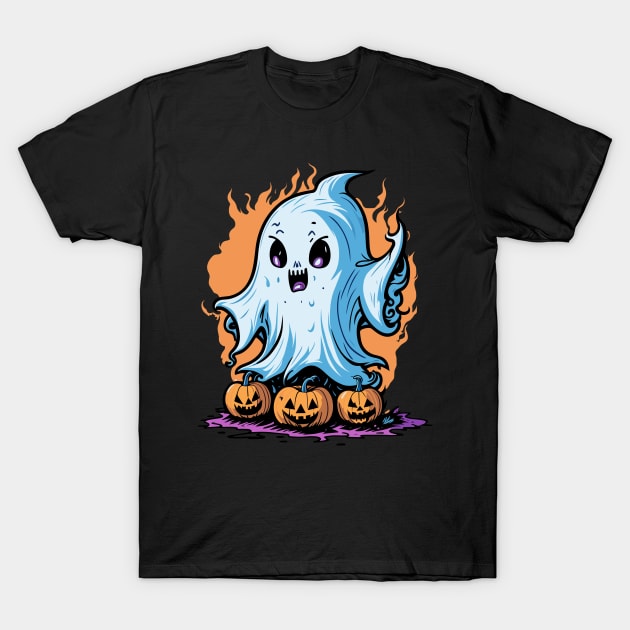 Ghostly Pumpkin Blaze - Fiery Halloween T-Shirt by DesignINKZ